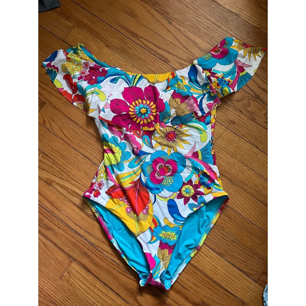Trina Turk Off Shoulder One Piece Swim Suit Floral Ruffle Beach Women Size 10